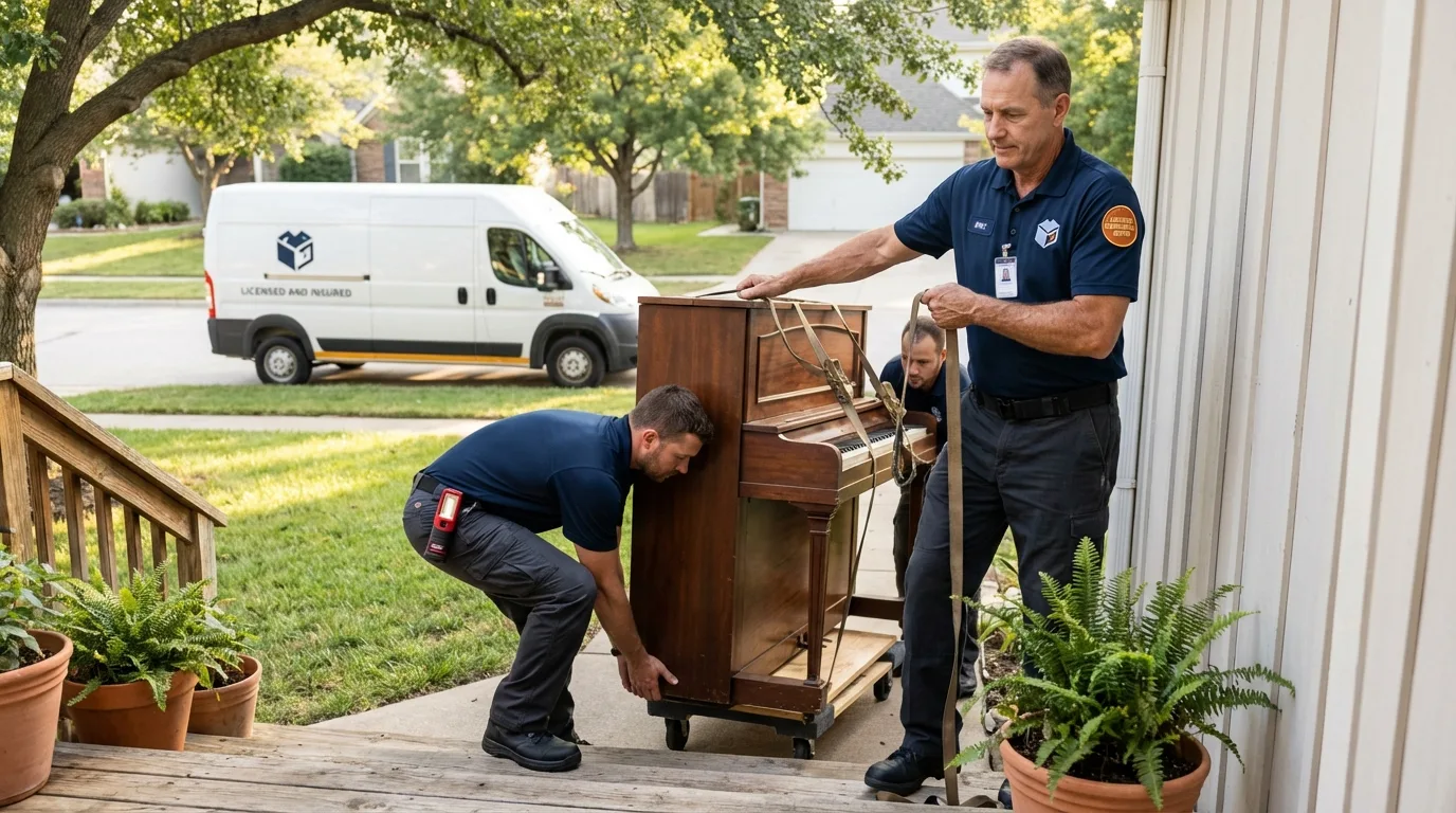 Licensed piano movers securing grand piano in Kenilworth, IL